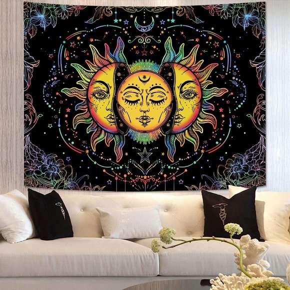 XL Black and White Sun Moon Hippie Celestial Bohemian Wall Tapestry - Picture 8 of 9